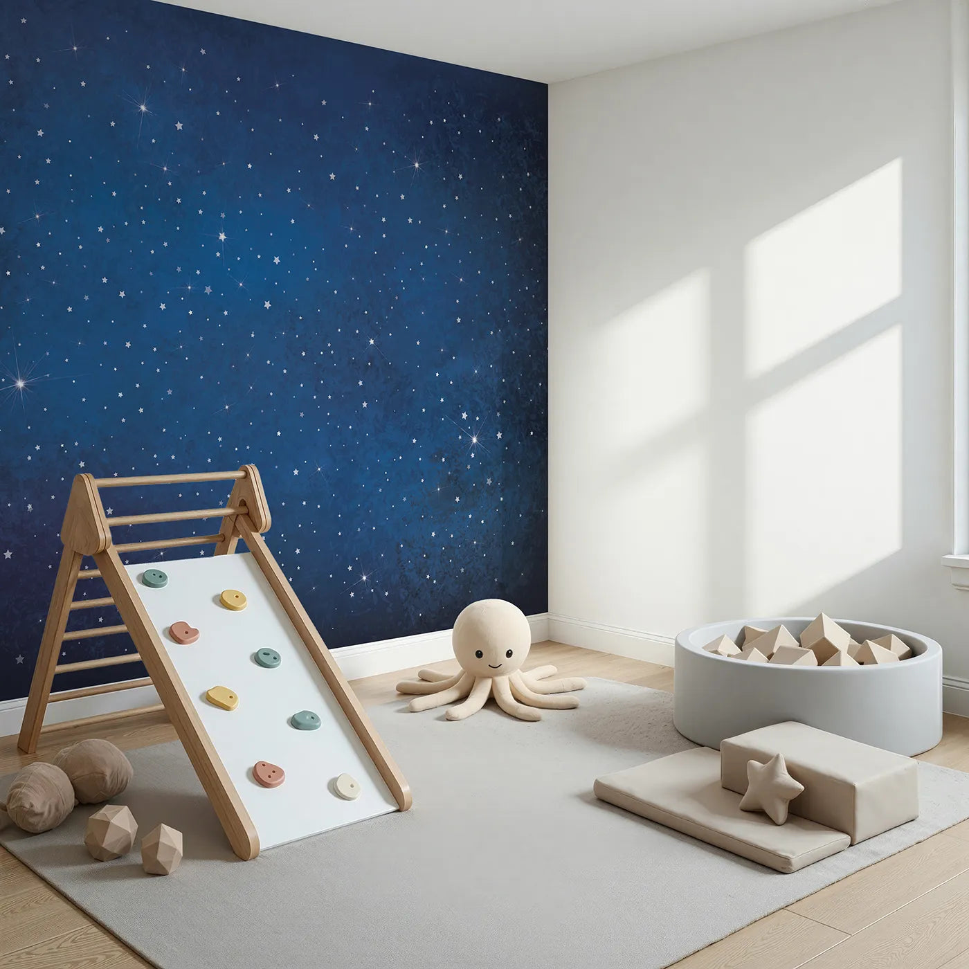 Angled view of Whimsy Tots' Deep Space Wall Mural (Turn Their Room into a Breathtaking, Star-Filled Dream).Gender-Neutral