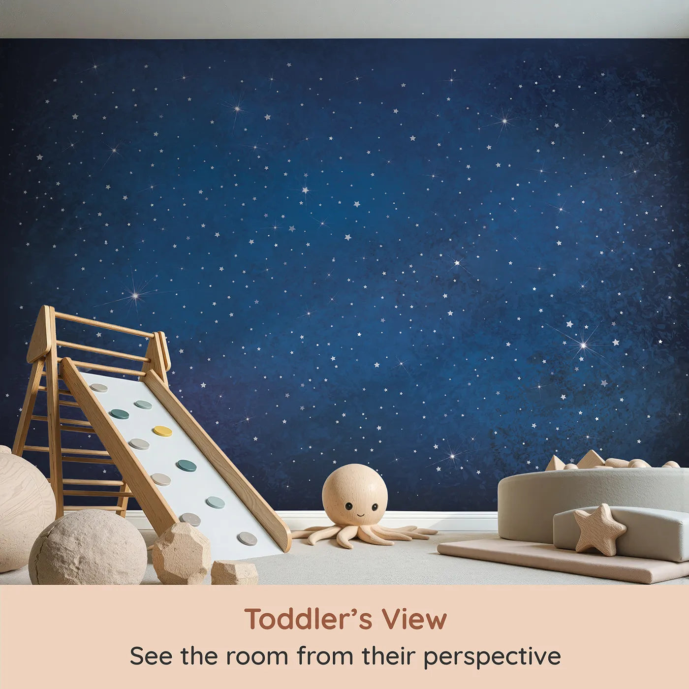 Whimsy Tots Deep Space Wall Mural (Turn Their Room into a Breathtaking, Star-Filled Dream) from your child's view.Gender-Neutral