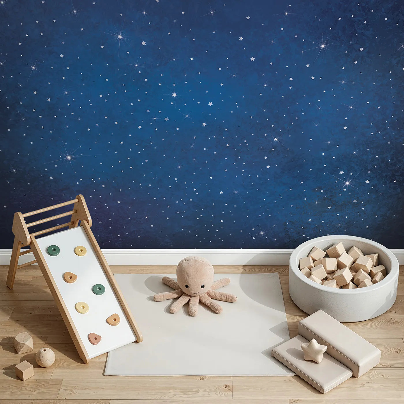Top-down view of Whimsy Tots' Deep Space Wall Mural (Turn Their Room into a Breathtaking, Star-Filled Dream).Gender-Neutral
