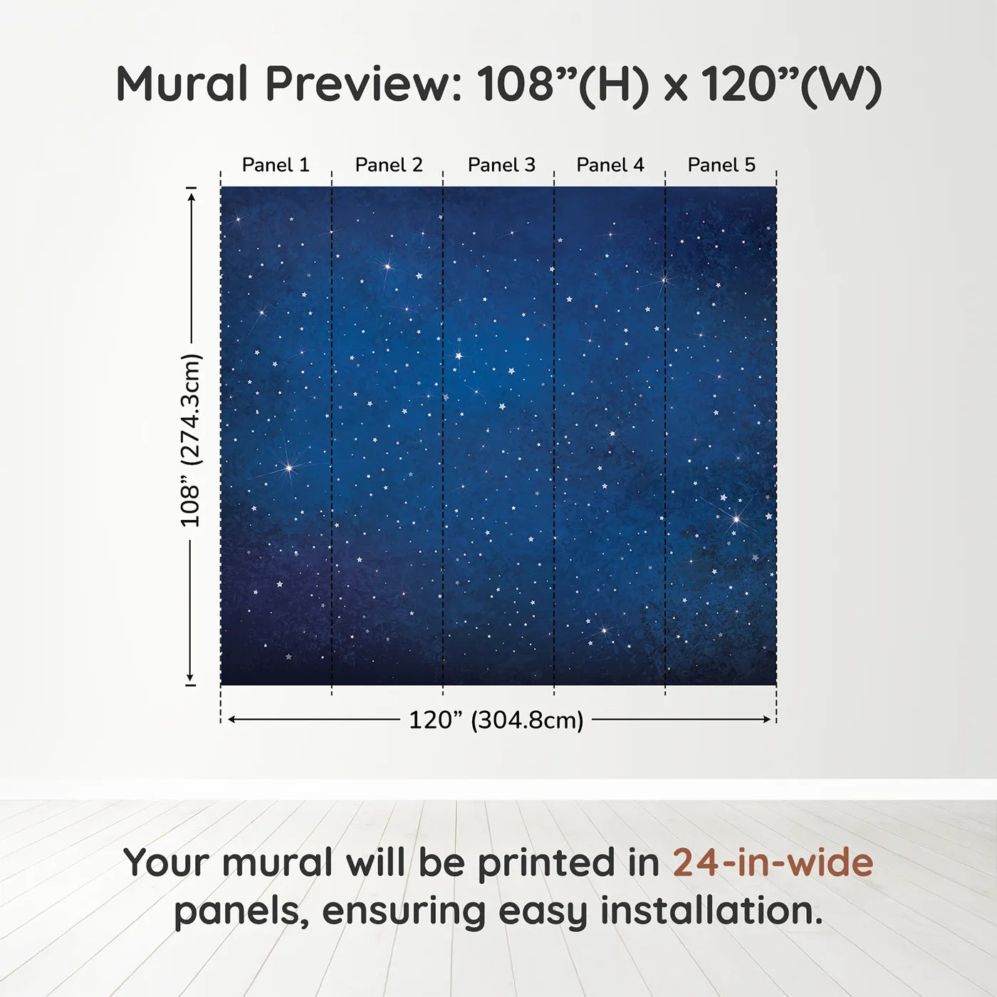 Whimsy Tots Deep Space Wall Muraldimension view (108" H x 120" W). Printed in five 24-inch-wide panels. Gender-Neutral