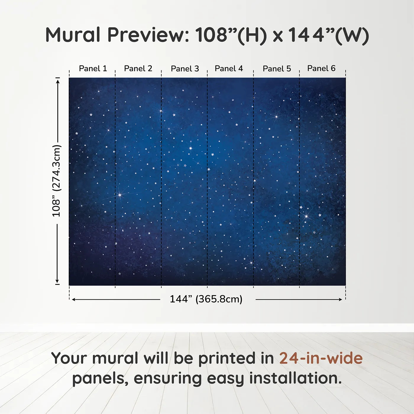 Whimsy Tots Deep Space Wall Muraldimension view (108" H x 144" W). Printed in six 24-inch-wide panels. Gender-Neutral