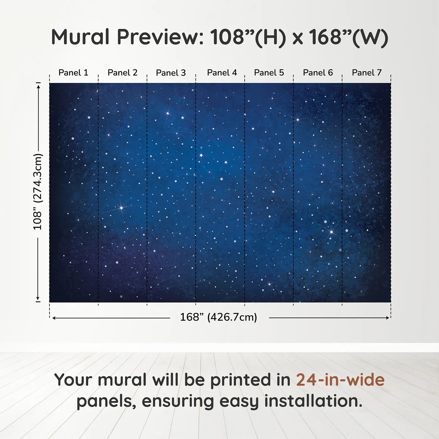 Whimsy Tots Deep Space Wall Muraldimension view (108" H x 168" W). Printed in seven 24-inch-wide panels. Gender-Neutral