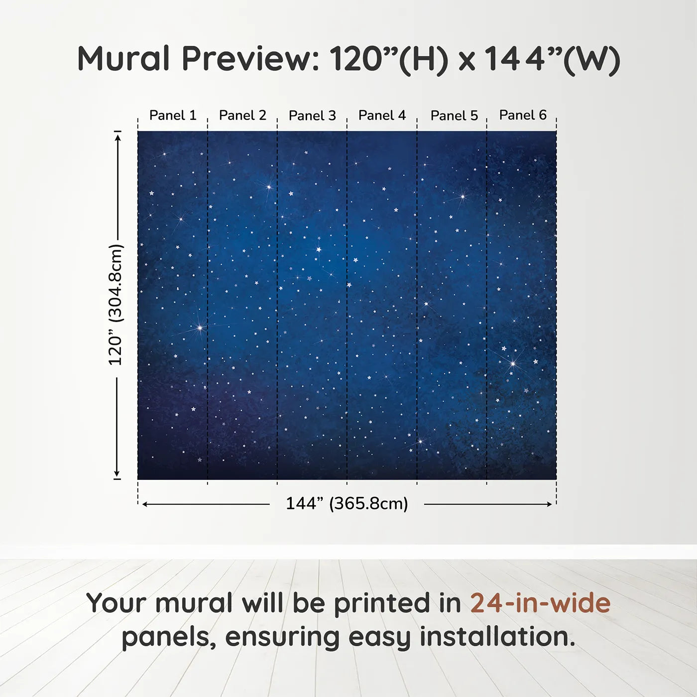 Whimsy Tots Deep Space Wall Muraldimension view (120" H x 144" W). Printed in six 24-inch-wide panels. Gender-Neutral