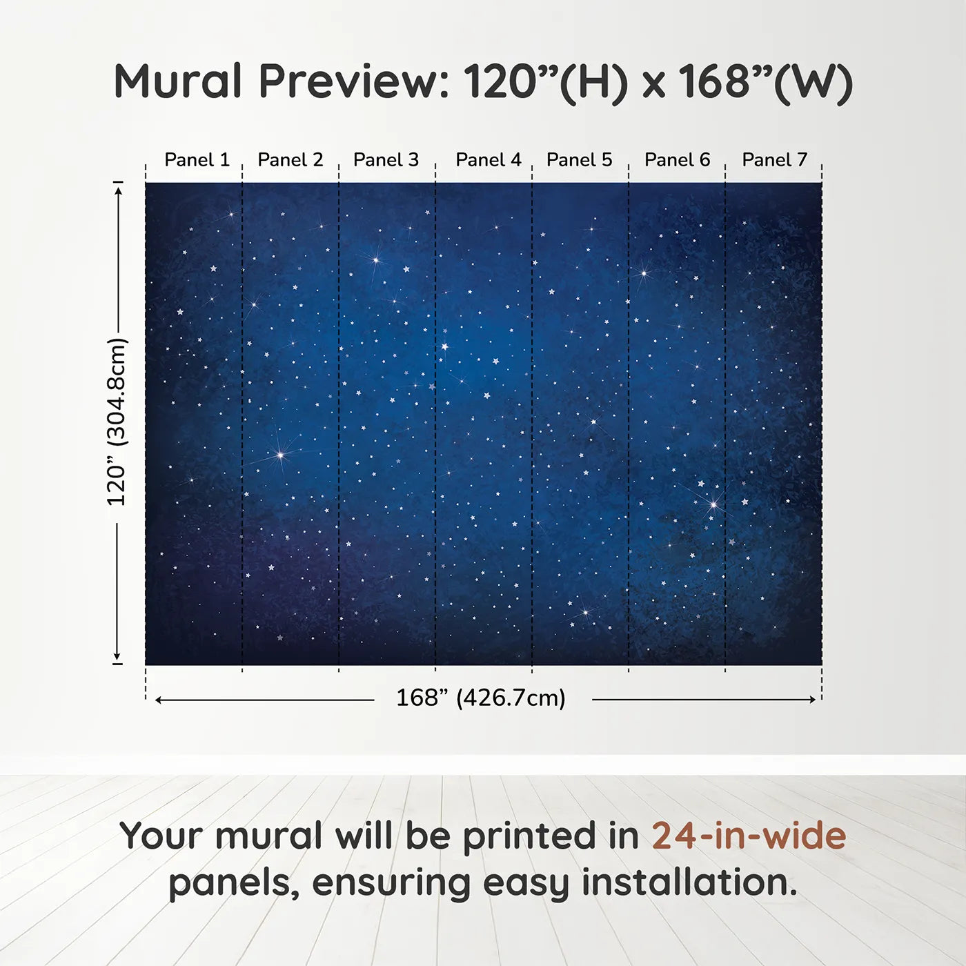 Whimsy Tots Deep Space Wall Muraldimension view (120" H x 168" W). Printed in seven 24-inch-wide panels. Gender-Neutral