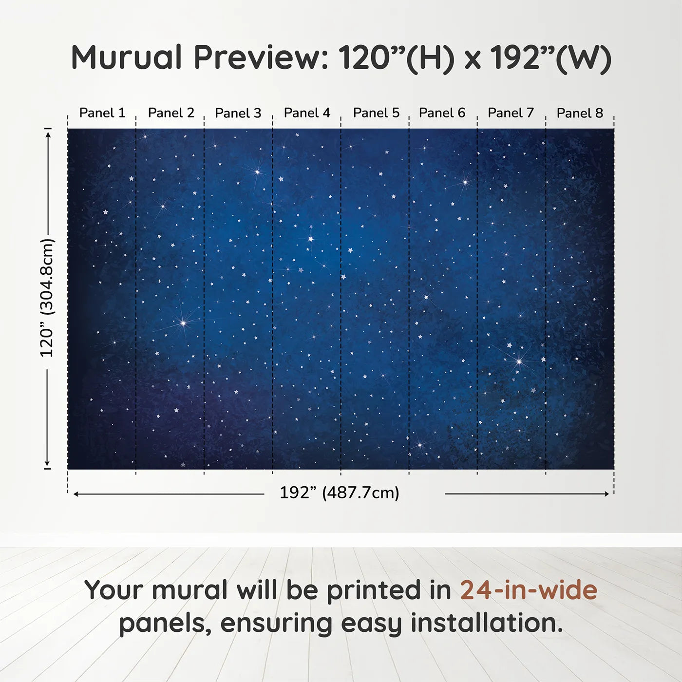 Whimsy Tots Deep Space Wall Muraldimension view (120" H x 192" W). Printed in eight 24-inch-wide panels. Gender-Neutral