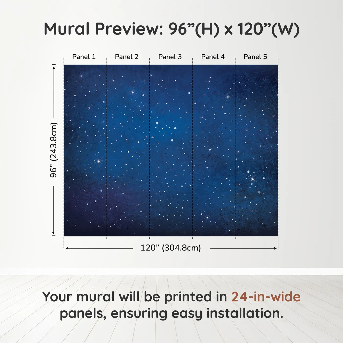 Whimsy Tots Deep Space Wall Muraldimension view (96" H x 120" W). Printed in five 24-inch-wide panels. Gender-Neutral