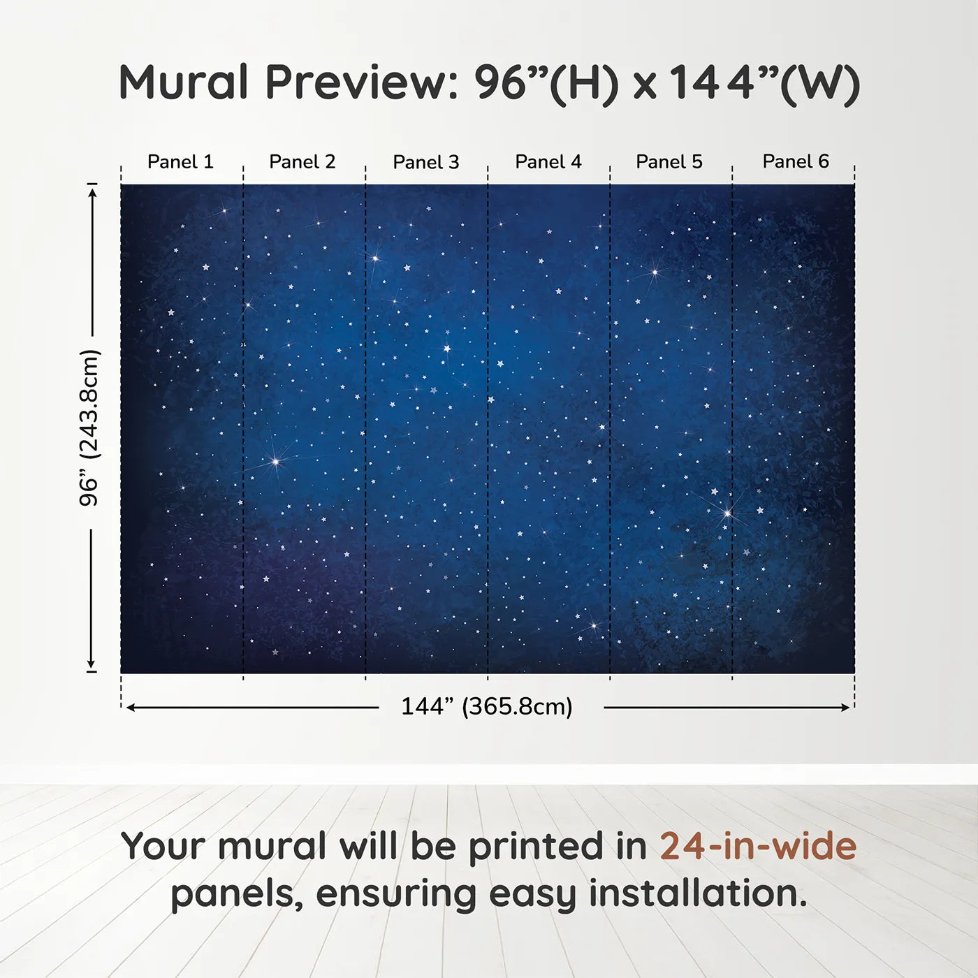 Whimsy Tots Deep Space Wall Muraldimension view (96" H x 144" W). Printed in six 24-inch-wide panels. Gender-Neutral