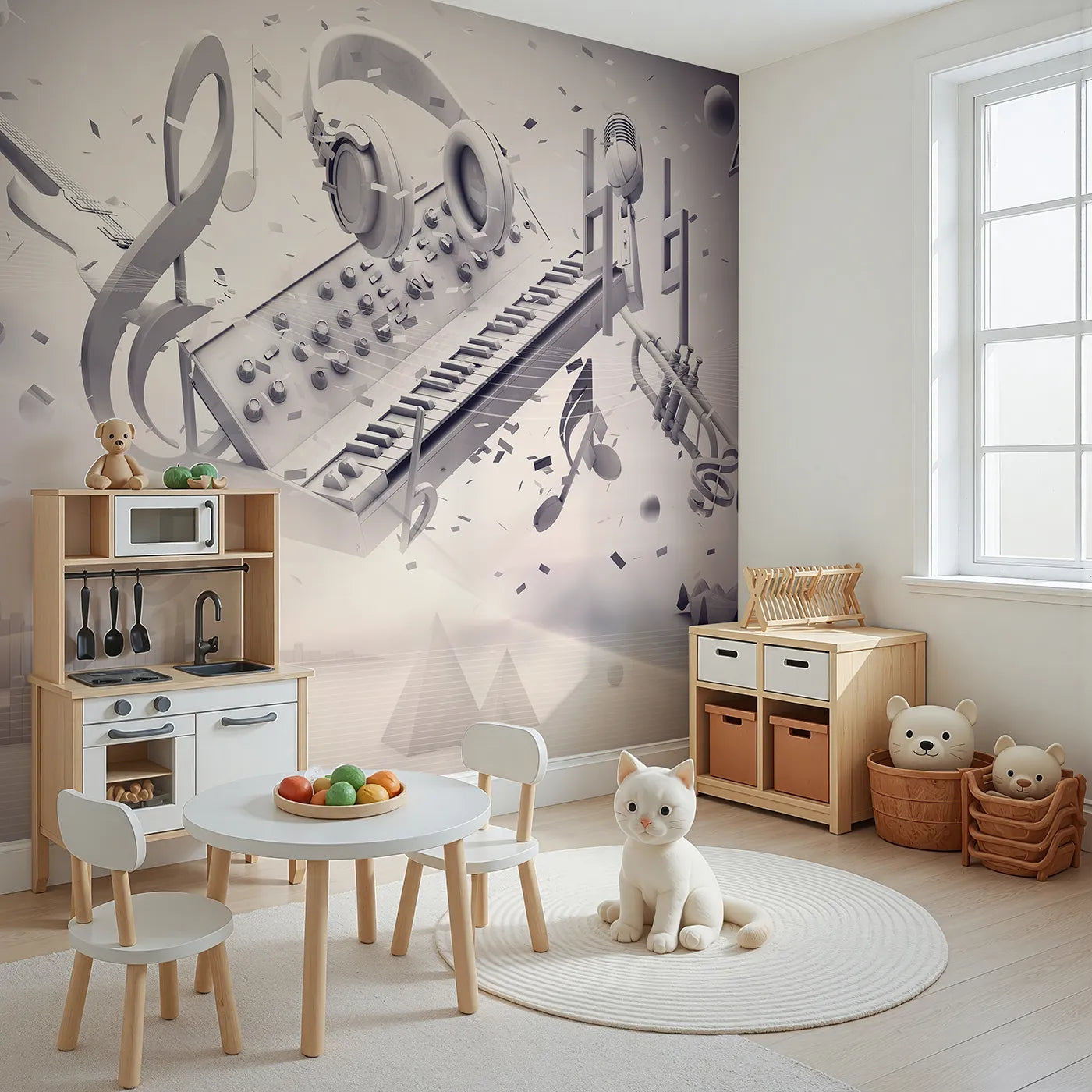 Angled view of Whimsy Tots' Monochrome Music Explosion Wall Mural (Turn Their Room into a Modern, 3D Symphony).Gender-Neutral