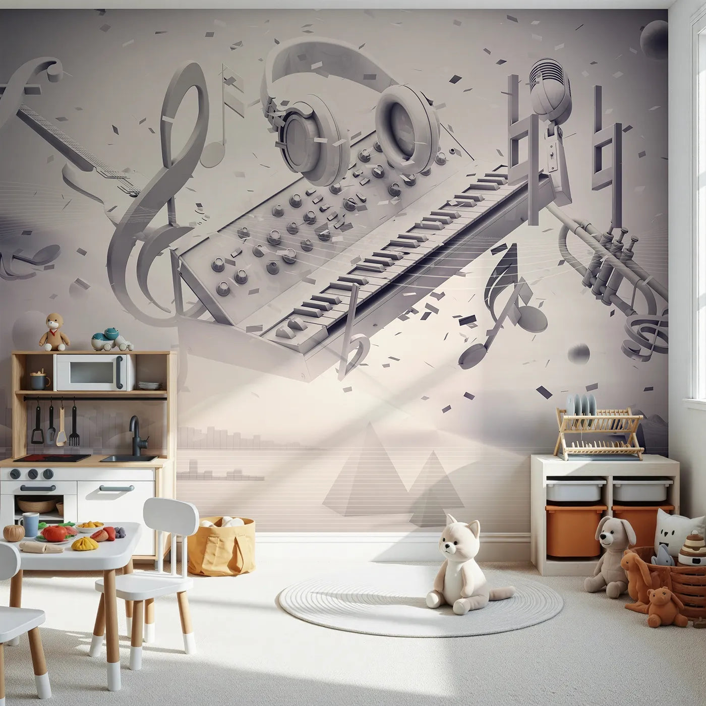 Front view of Whimsy Tots' Monochrome Music Explosion Wall Mural