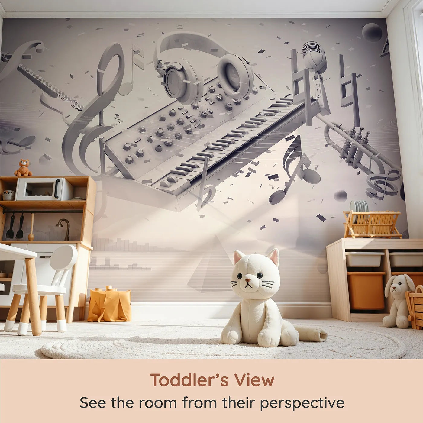 Whimsy Tots Monochrome Music Explosion Wall Mural (Turn Their Room into a Modern, 3D Symphony) from your child's view.Gender-Neutral