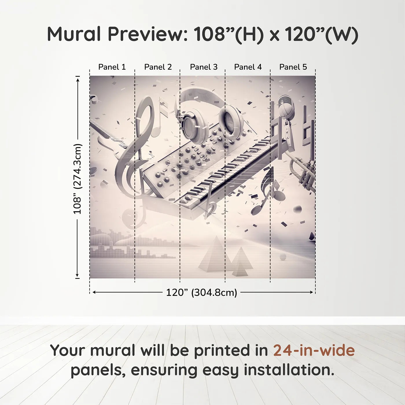 Whimsy Tots Monochrome Music Explosion Wall Muraldimension view (108" H x 120" W). Printed in five 24-inch-wide panels. Gender-Neutral