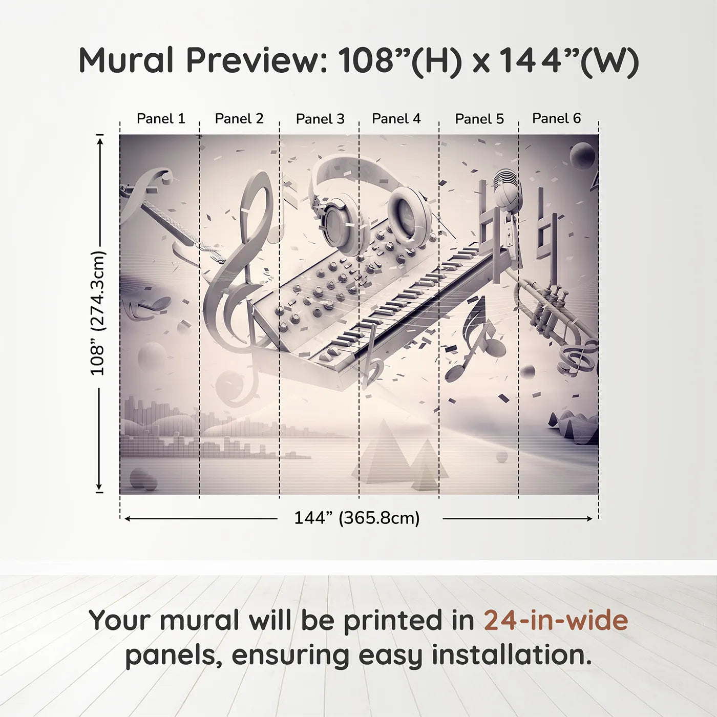 Whimsy Tots Monochrome Music Explosion Wall Muraldimension view (108" H x 144" W). Printed in six 24-inch-wide panels. Gender-Neutral