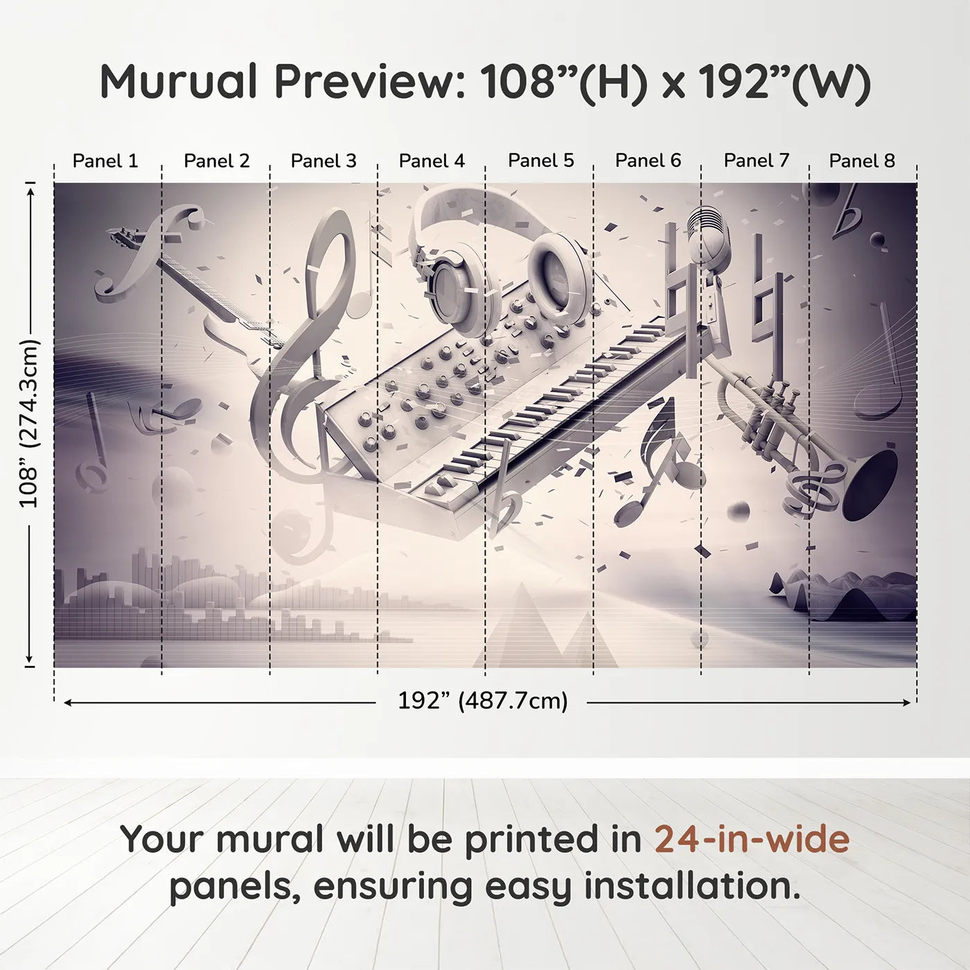 Whimsy Tots Monochrome Music Explosion Wall Muraldimension view (108" H x 192" W). Printed in eight 24-inch-wide panels. Gender-Neutral