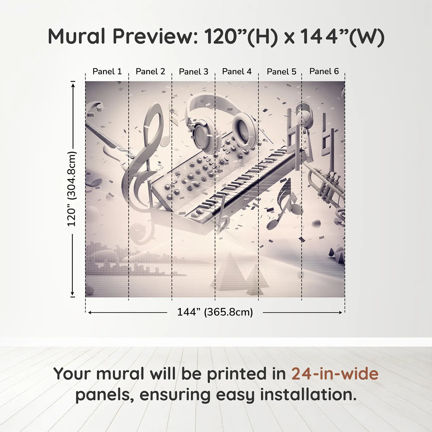 Whimsy Tots Monochrome Music Explosion Wall Muraldimension view (120" H x 144" W). Printed in six 24-inch-wide panels. Gender-Neutral