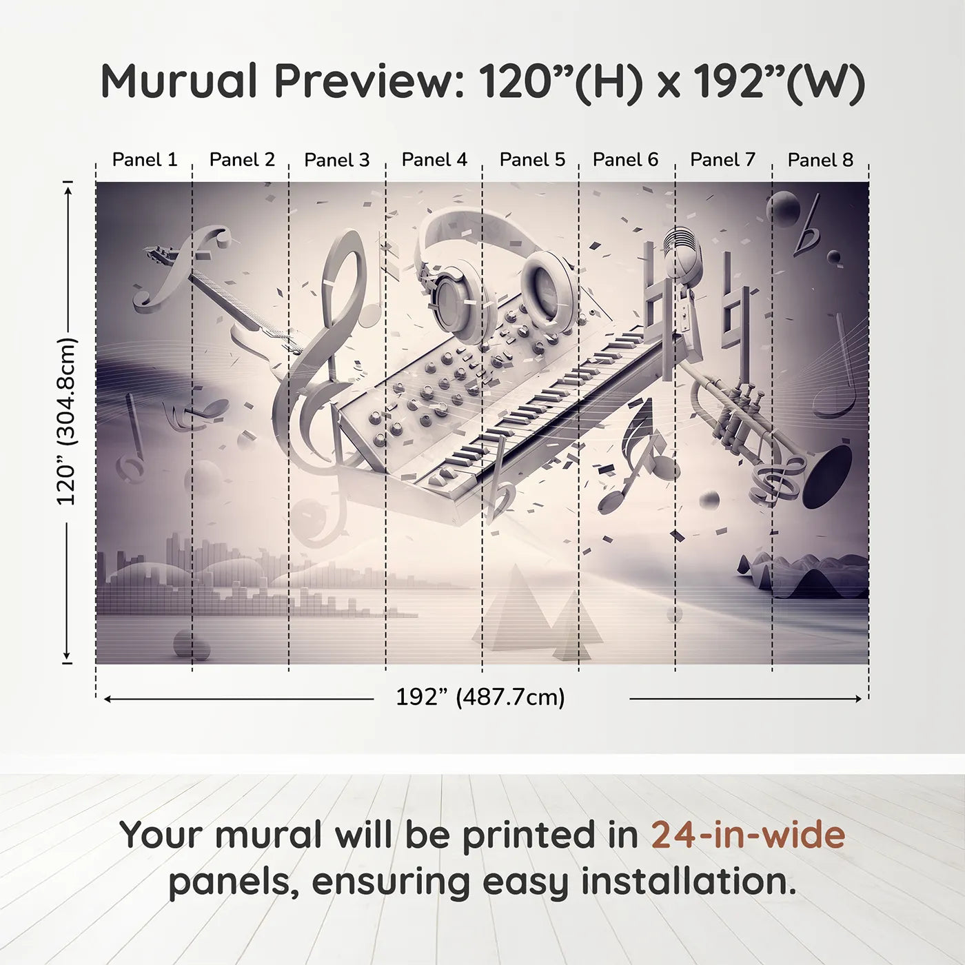 Whimsy Tots Monochrome Music Explosion Wall Muraldimension view (120" H x 192" W). Printed in eight 24-inch-wide panels. Gender-Neutral