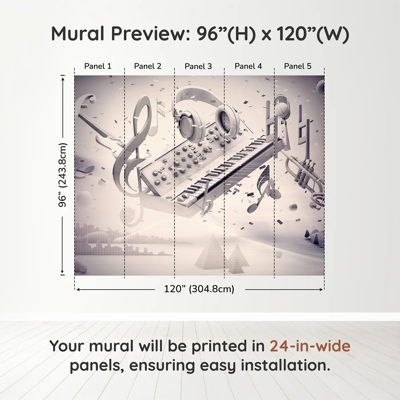 Whimsy Tots Monochrome Music Explosion Wall Muraldimension view (96" H x 120" W). Printed in five 24-inch-wide panels. Gender-Neutral