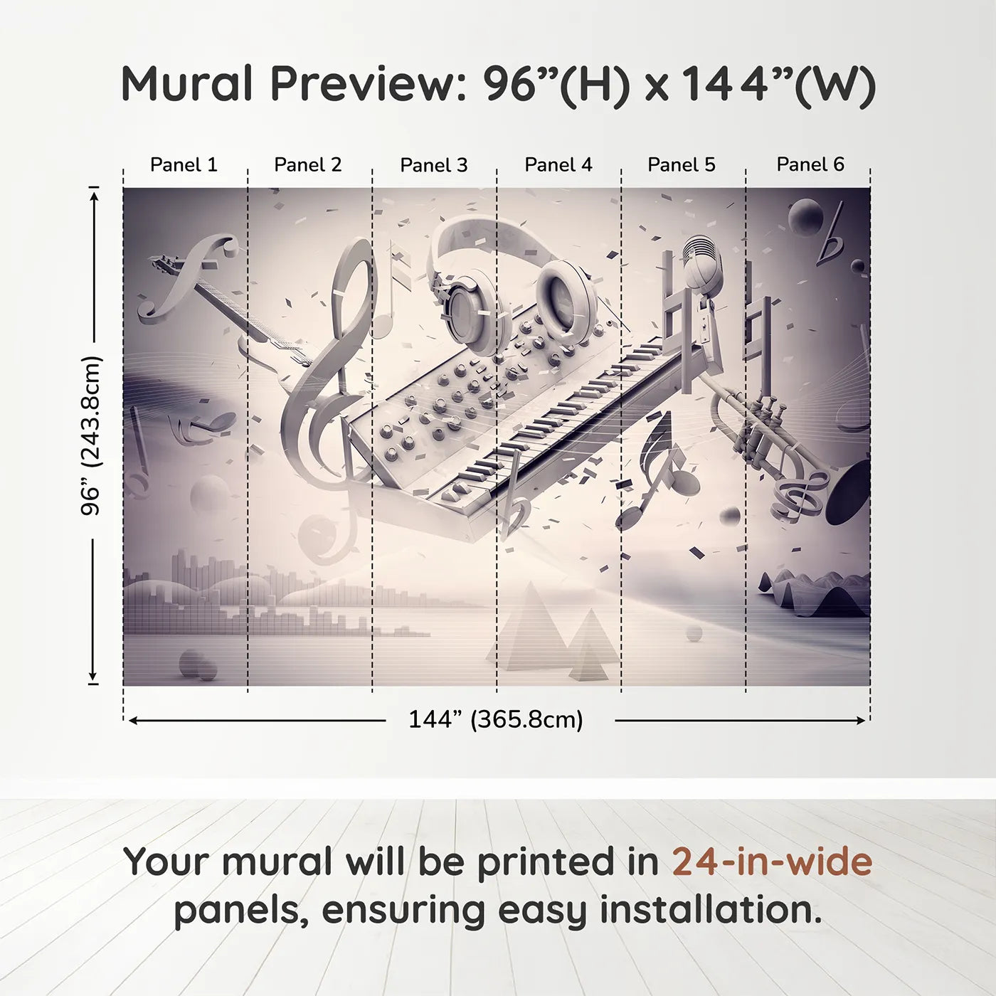 Whimsy Tots Monochrome Music Explosion Wall Muraldimension view (96" H x 144" W). Printed in six 24-inch-wide panels. Gender-Neutral