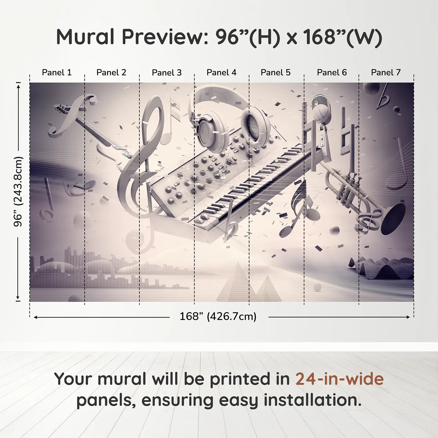 Whimsy Tots Monochrome Music Explosion Wall Muraldimension view (96" H x 168" W). Printed in seven 24-inch-wide panels. Gender-Neutral