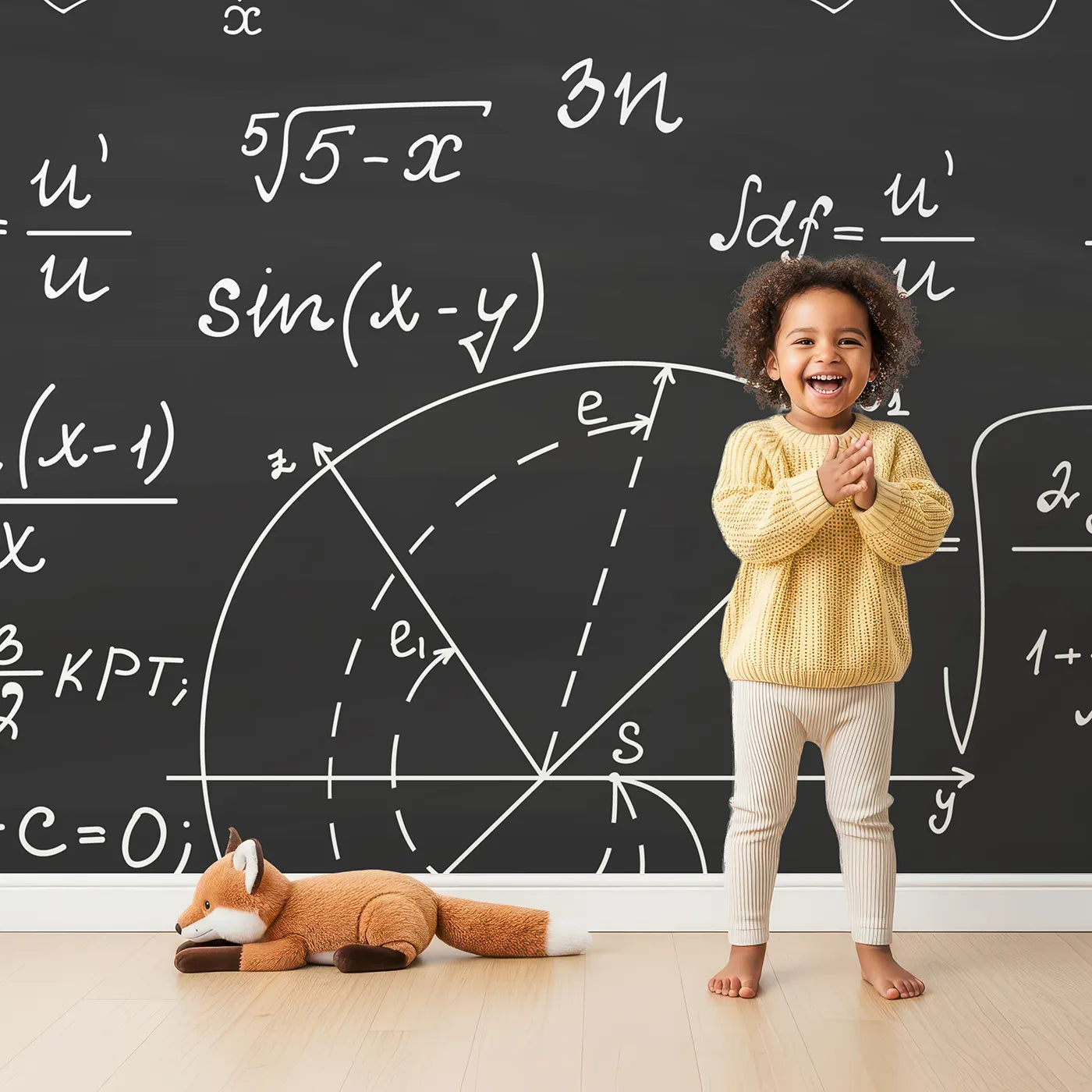 Child in front of Whimsy Tots Black Chalkboard Math Wall Mural with math, science, equation, formula, chalkboard, geometry, number, learn in design.