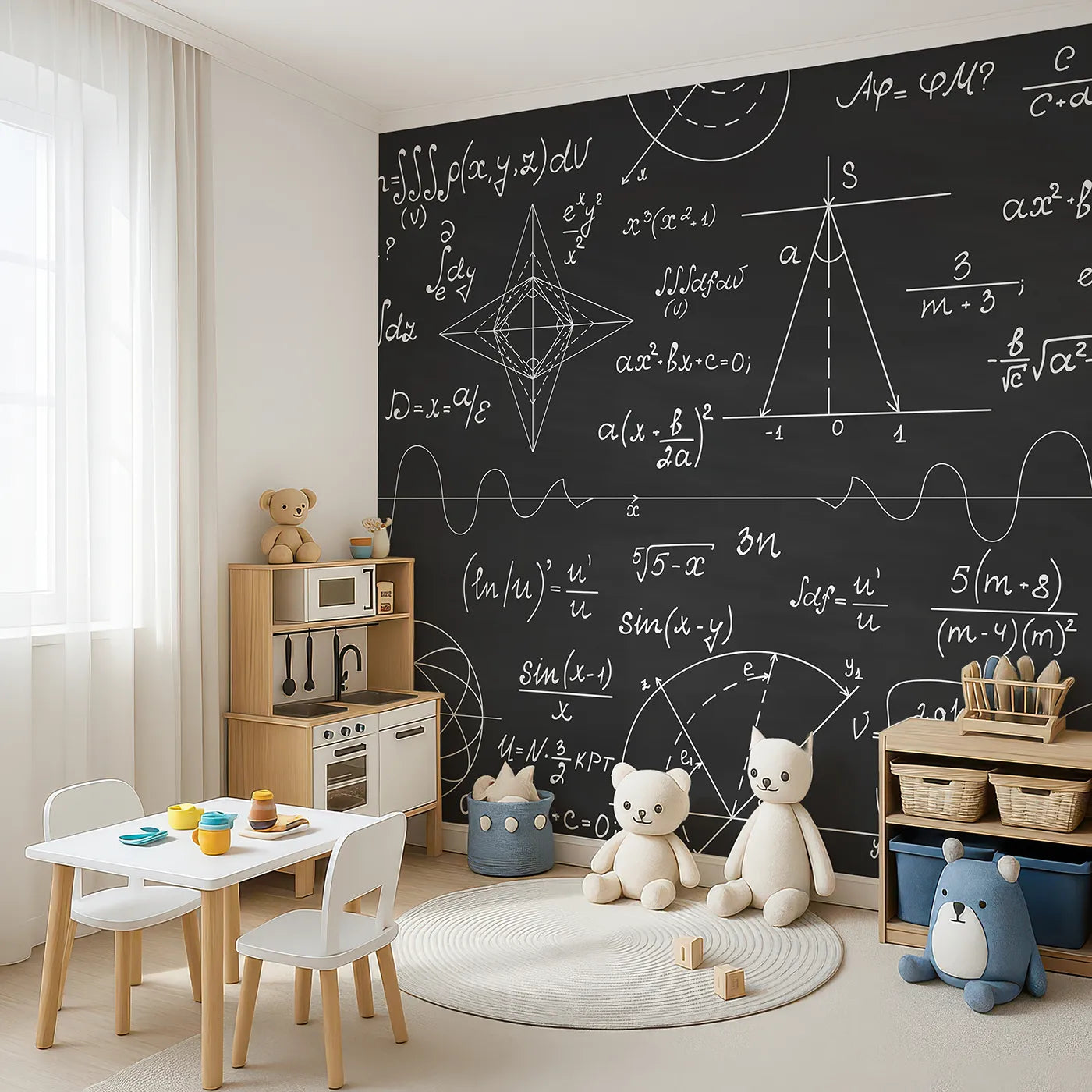Angled view of Whimsy Tots' Black Chalkboard Math Wall Mural (Turn Their Room into a Hub for Big Ideas).Gender-Neutral