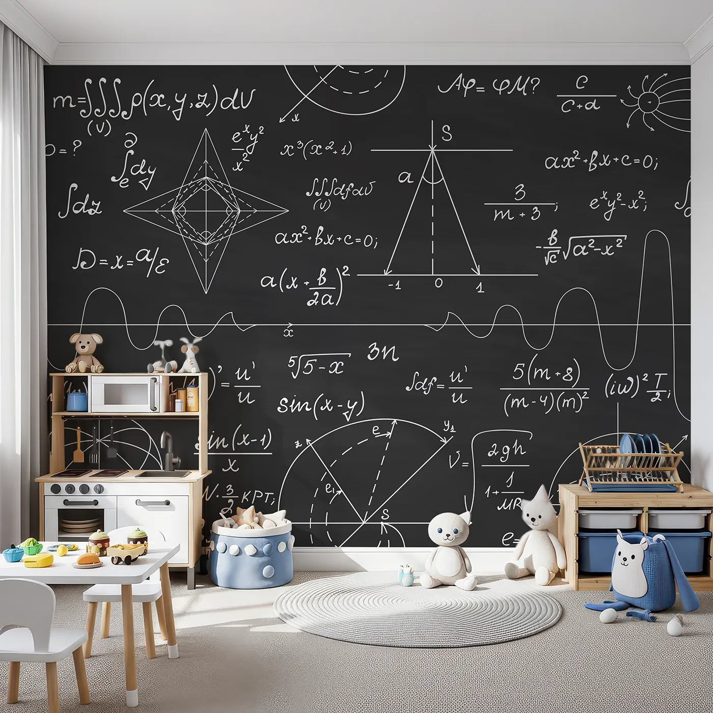 Front view of Whimsy Tots' Black Chalkboard Math Wall Mural