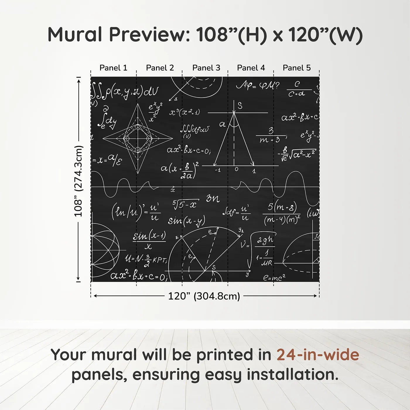 Whimsy Tots Black Chalkboard Math Wall Muraldimension view (108" H x 120" W). Printed in five 24-inch-wide panels. Gender-Neutral