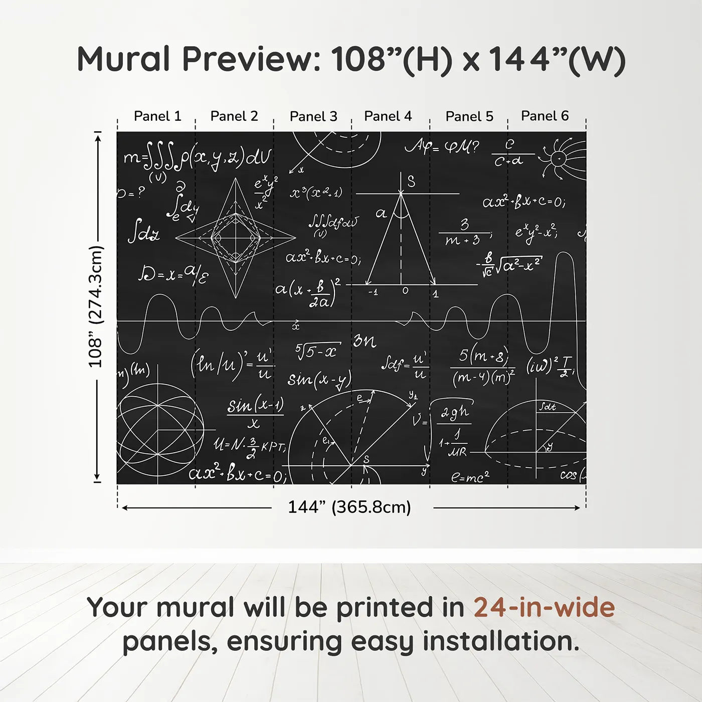 Whimsy Tots Black Chalkboard Math Wall Muraldimension view (108" H x 144" W). Printed in six 24-inch-wide panels. Gender-Neutral