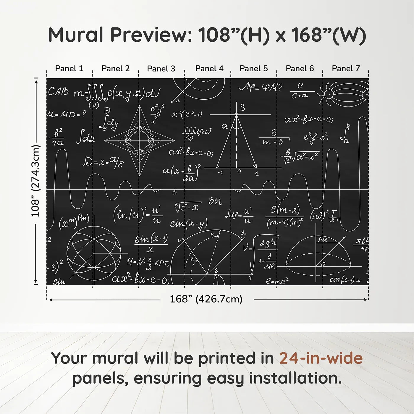 Whimsy Tots Black Chalkboard Math Wall Muraldimension view (108" H x 168" W). Printed in seven 24-inch-wide panels. Gender-Neutral