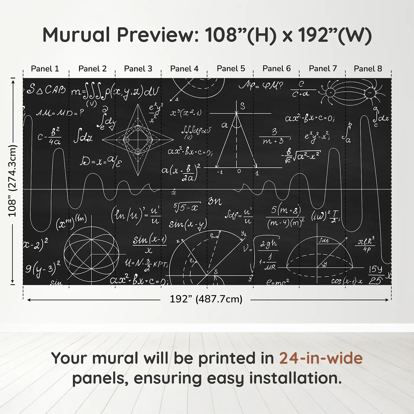 Whimsy Tots Black Chalkboard Math Wall Muraldimension view (108" H x 192" W). Printed in eight 24-inch-wide panels. Gender-Neutral