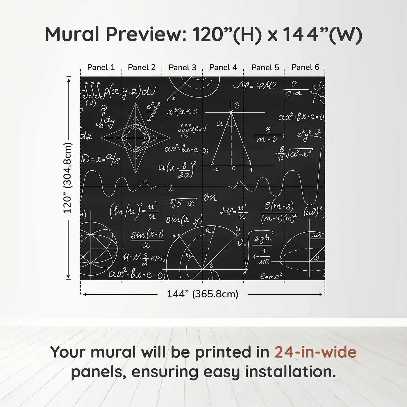 Whimsy Tots Black Chalkboard Math Wall Muraldimension view (120" H x 144" W). Printed in six 24-inch-wide panels. Gender-Neutral