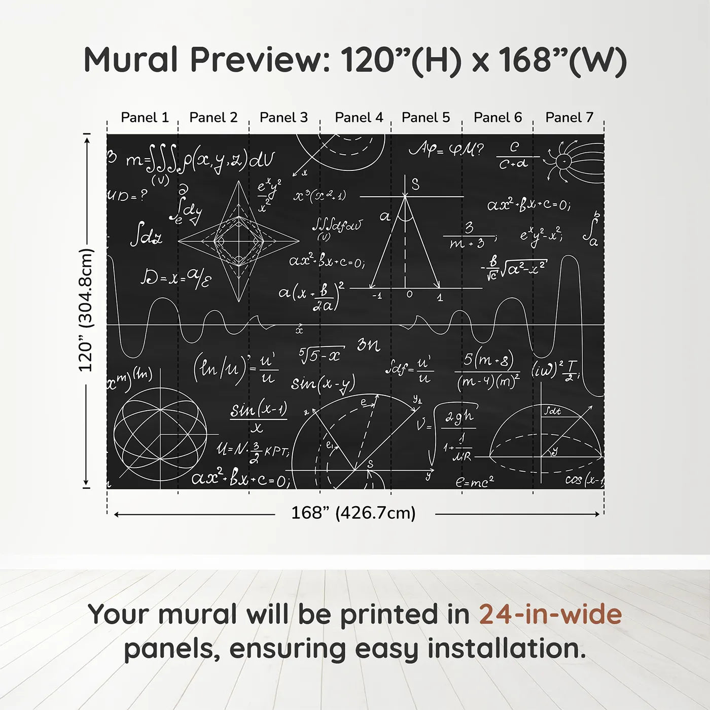 Whimsy Tots Black Chalkboard Math Wall Muraldimension view (120" H x 168" W). Printed in seven 24-inch-wide panels. Gender-Neutral