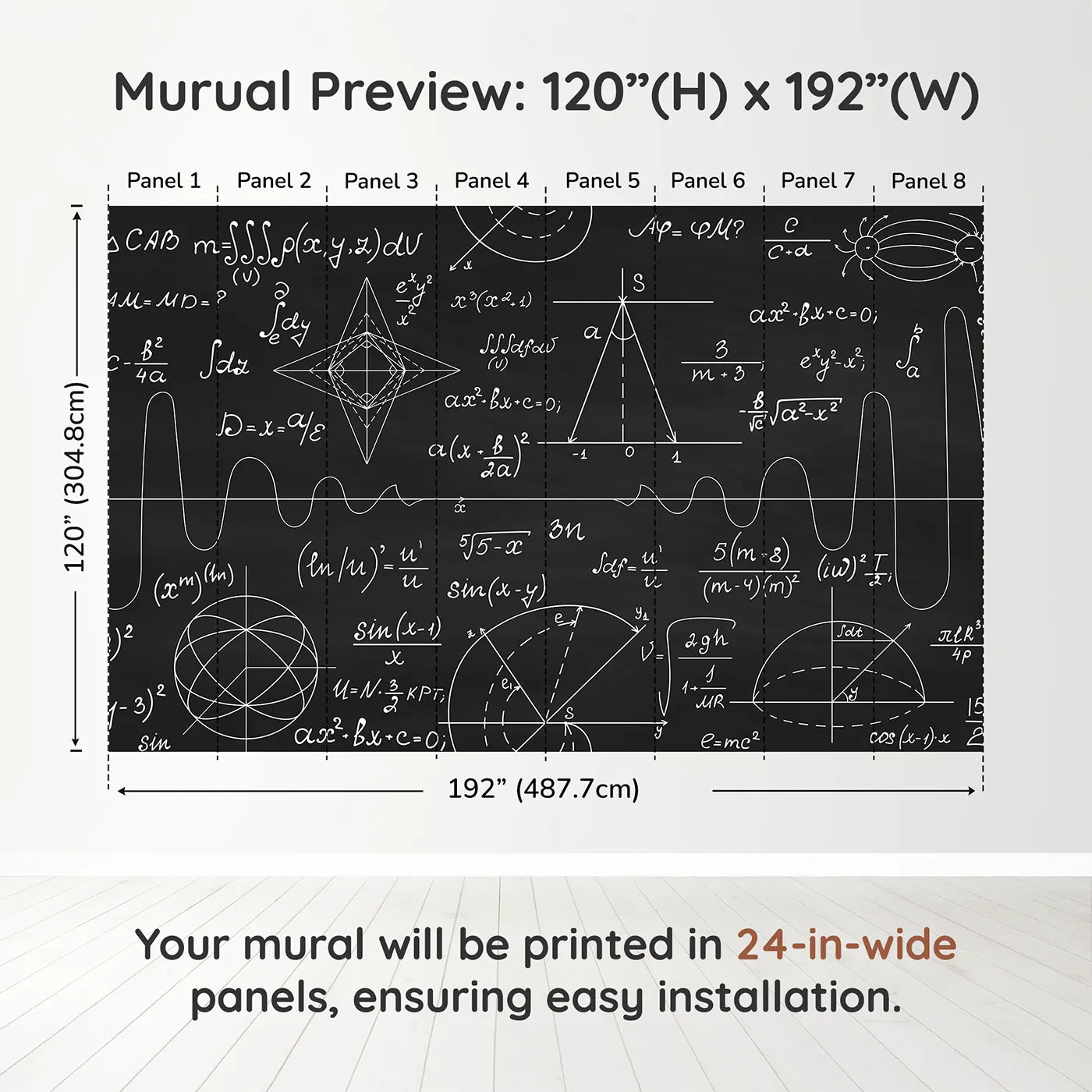 Whimsy Tots Black Chalkboard Math Wall Muraldimension view (120" H x 192" W). Printed in eight 24-inch-wide panels. Gender-Neutral