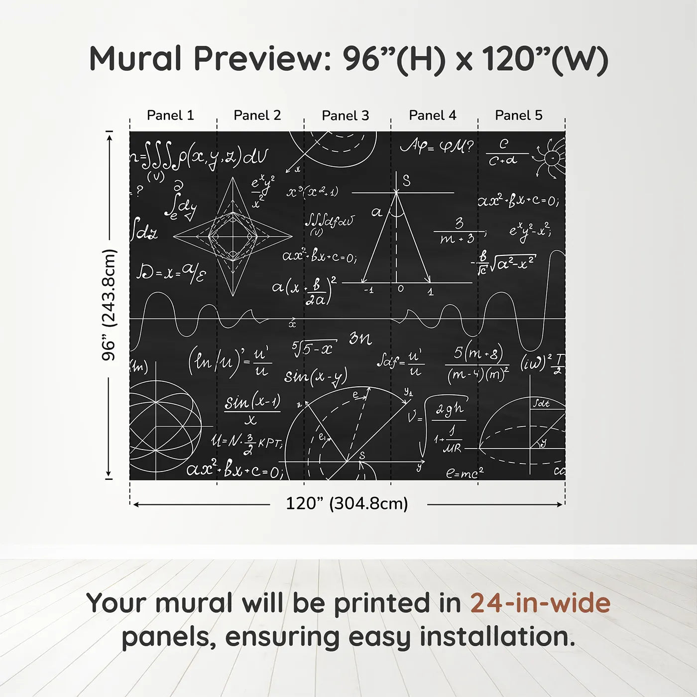 Whimsy Tots Black Chalkboard Math Wall Muraldimension view (96" H x 120" W). Printed in five 24-inch-wide panels. Gender-Neutral