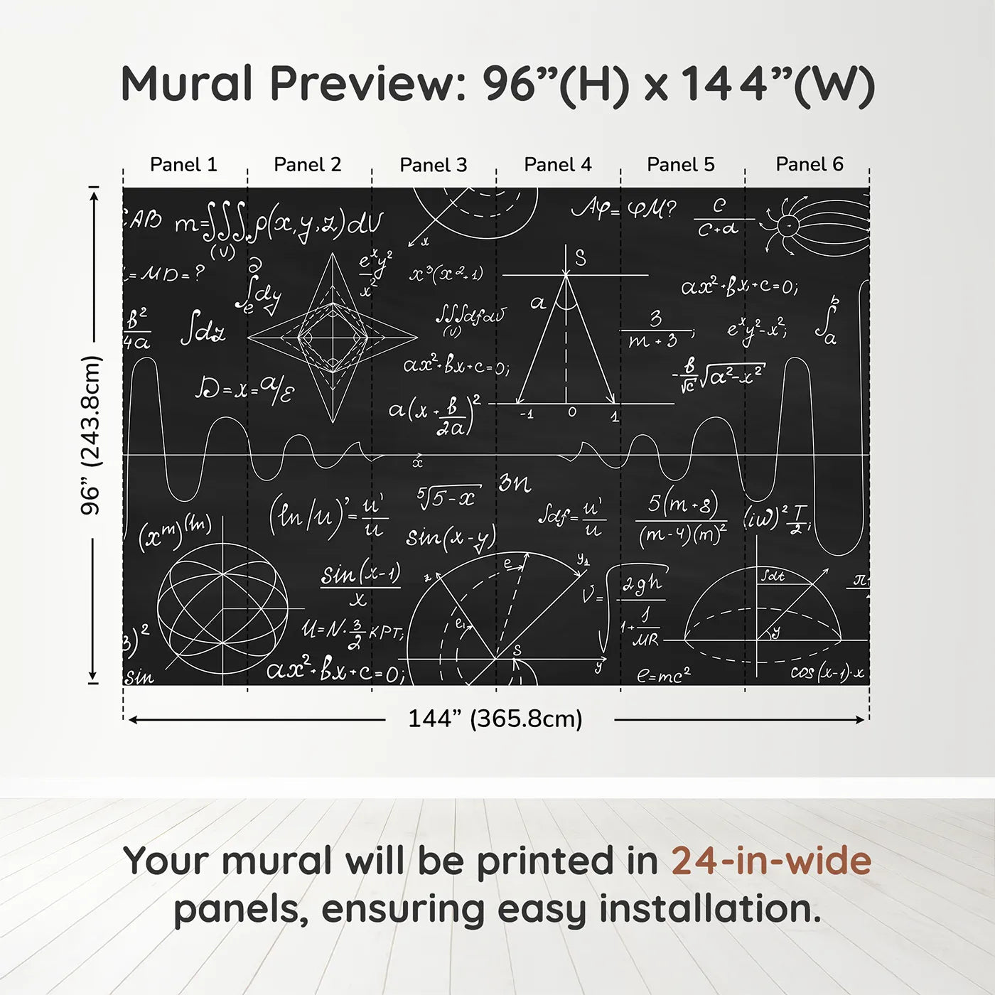 Whimsy Tots Black Chalkboard Math Wall Muraldimension view (96" H x 144" W). Printed in six 24-inch-wide panels. Gender-Neutral