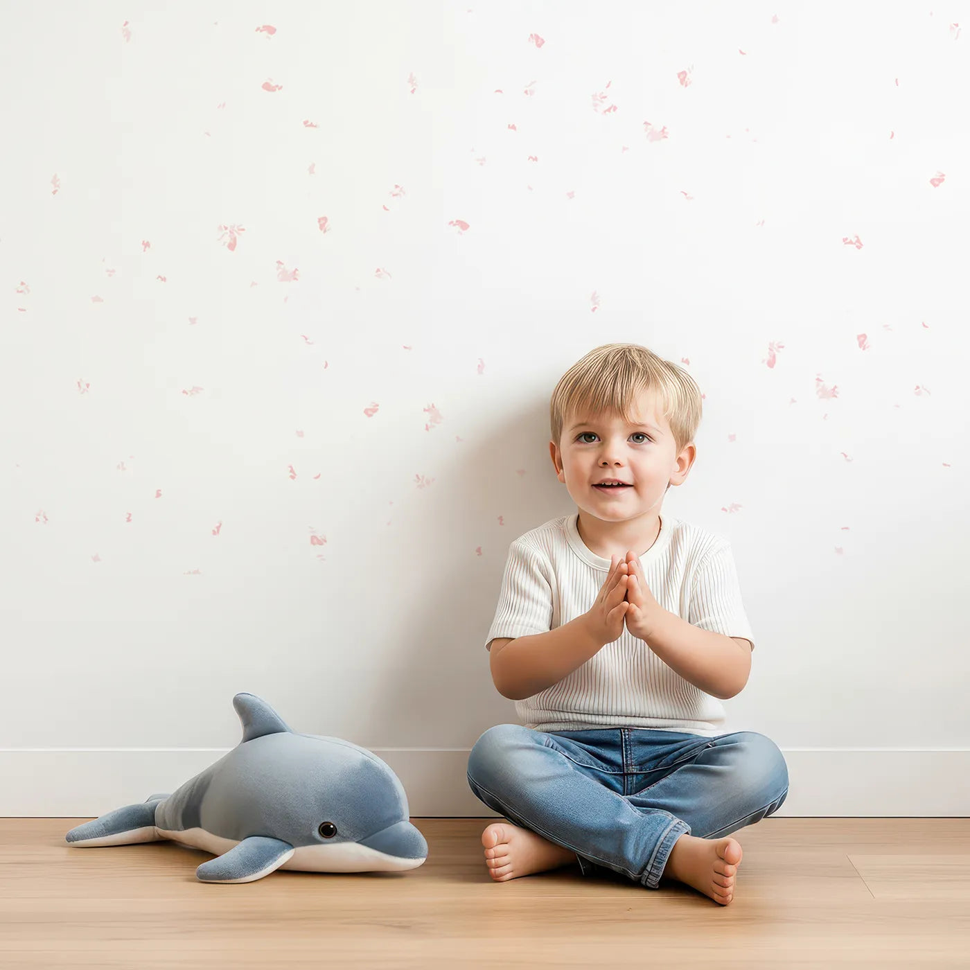 Child in front of Whimsy Tots Dandelion Meadow Wall Mural in Blue with dandelion, daisy, flower, meadow, summer, sun, green, blue in design.