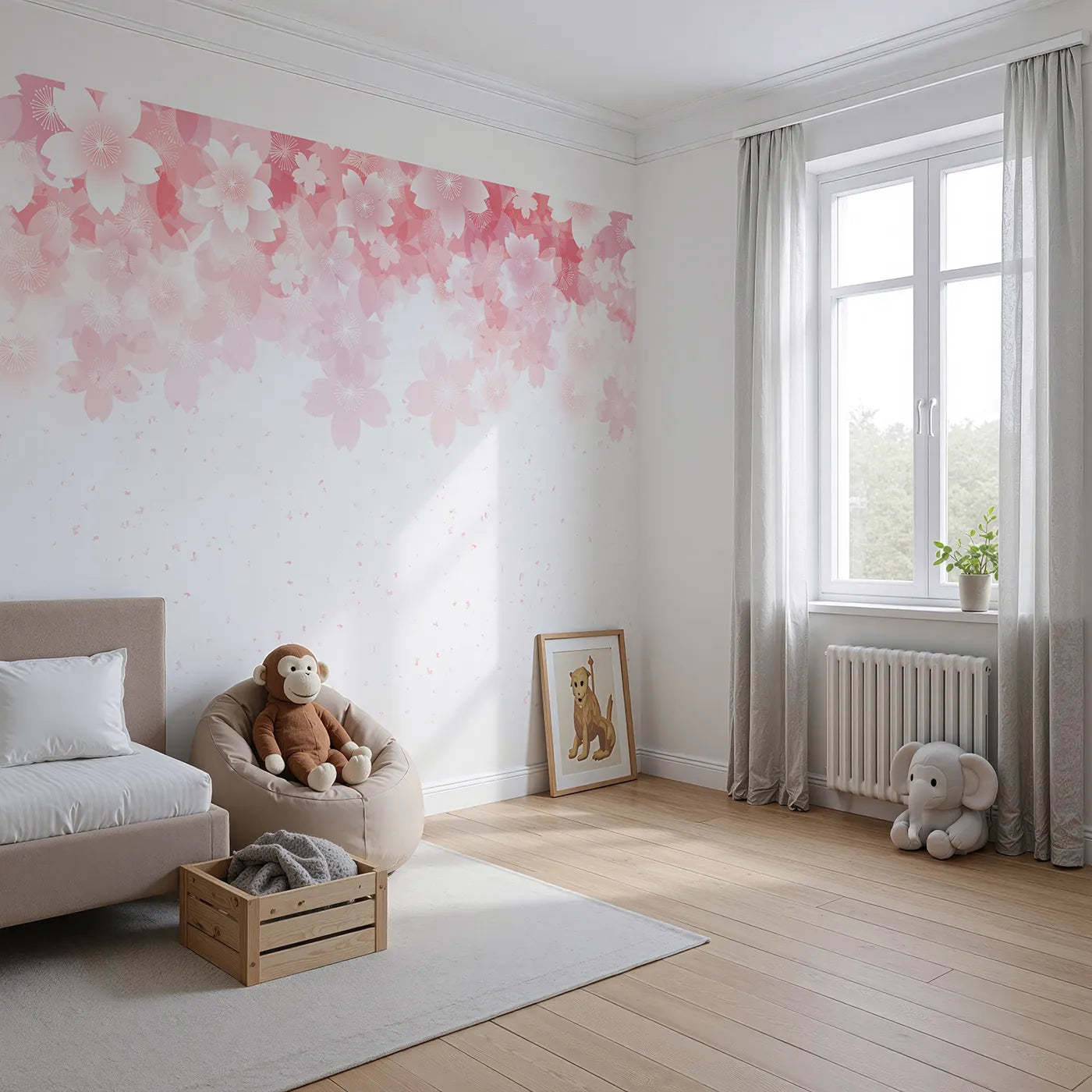 Angled view of Whimsy Tots' Dandelion Meadow Wall Mural in Blue (Turn Their Room into a Field of Endless Sunshine).Gender-Neutral