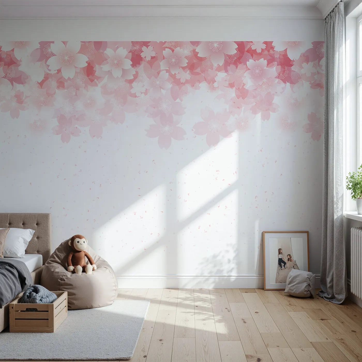 Front view of Whimsy Tots' Dandelion Meadow Wall Mural in Blue