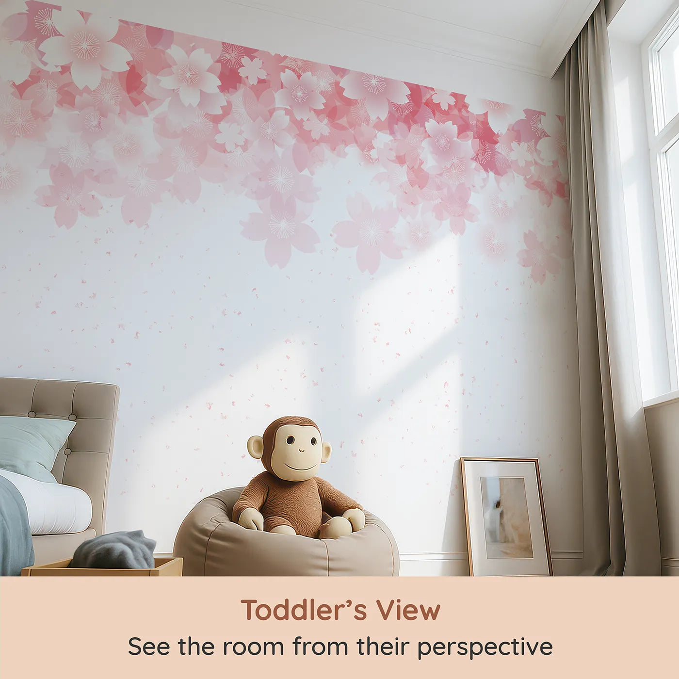 Whimsy Tots Dandelion Meadow Wall Mural in Blue (Turn Their Room into a Field of Endless Sunshine) from your child's view.Gender-Neutral