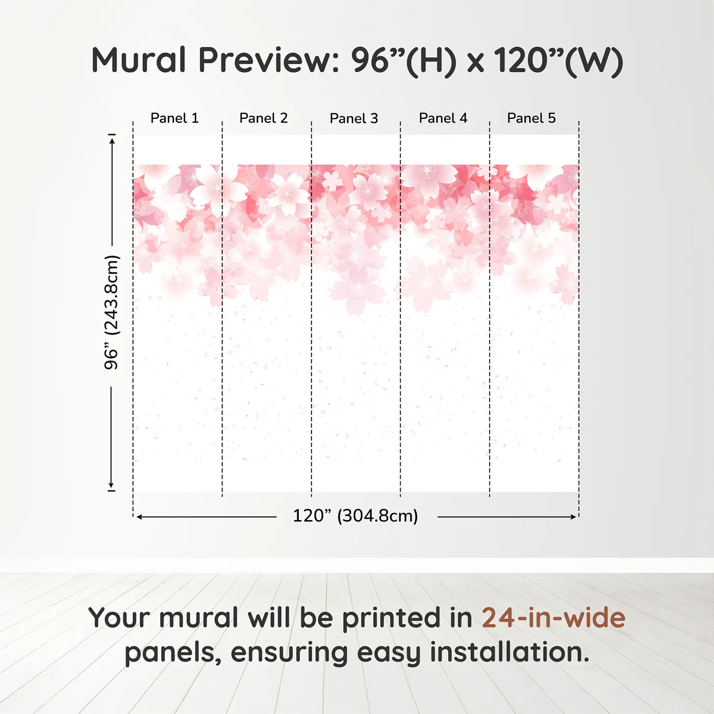 Whimsy Tots Dandelion Meadow Wall Mural in Bluedimension view (96" H x 120" W). Printed in five 24-inch-wide panels. Gender-Neutral