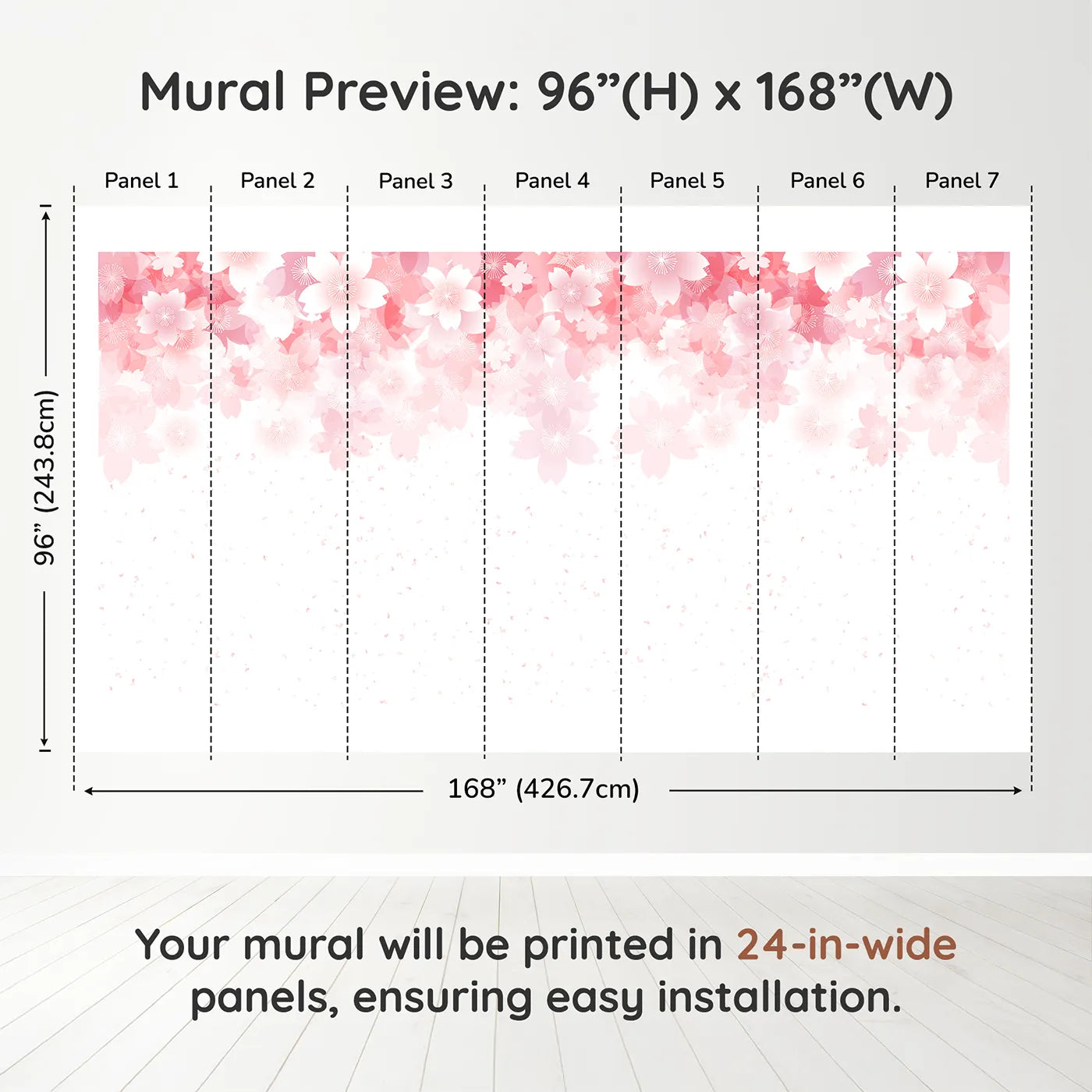 Whimsy Tots Dandelion Meadow Wall Mural in Bluedimension view (96" H x 168" W). Printed in seven 24-inch-wide panels. Gender-Neutral