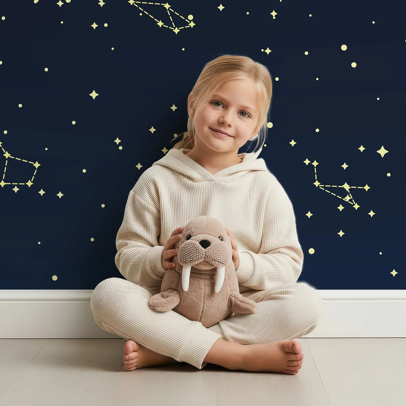 Child in front of Whimsy Tots Golden Constellation Sky Wall Mural with star, constellation, space, gold, navy, galaxy, celestial, zodiac in design.