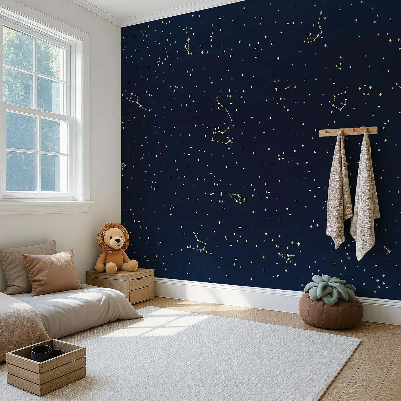 Angled view of Whimsy Tots' Golden Constellation Sky Wall Mural (Turn Their Room into a Dazzling Star Chart).Gender-Neutral