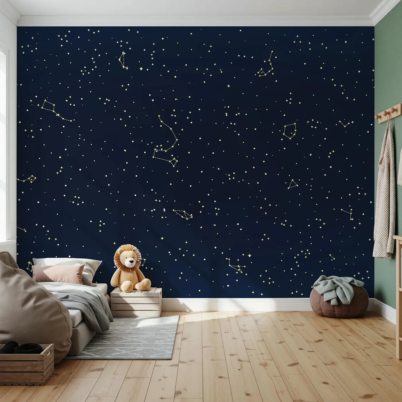Front view of Whimsy Tots' Golden Constellation Sky Wall Mural