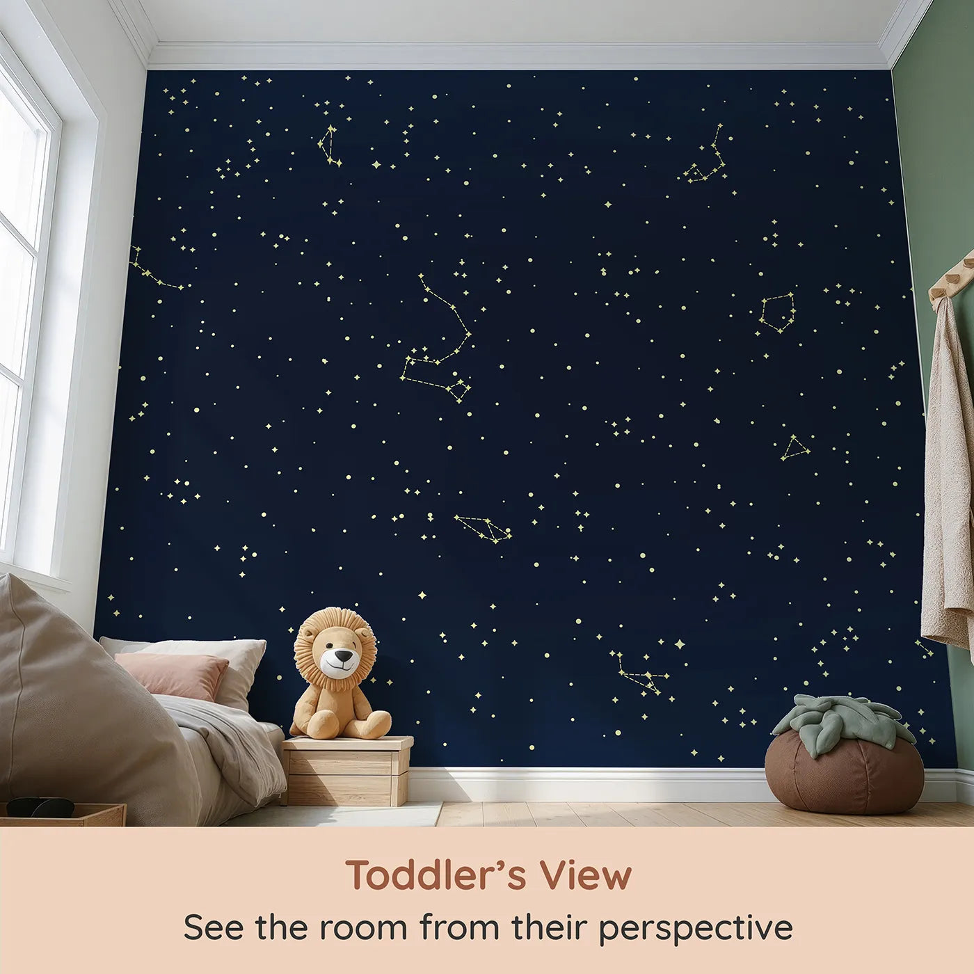Whimsy Tots Golden Constellation Sky Wall Mural (Turn Their Room into a Dazzling Star Chart) from your child's view.Gender-Neutral