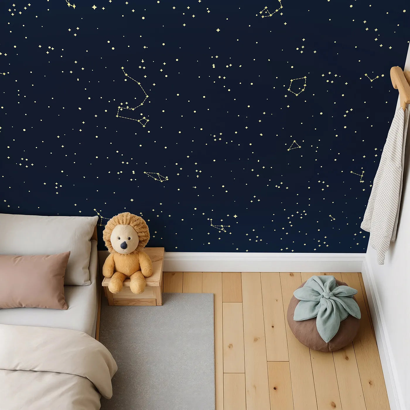 Top-down view of Whimsy Tots' Golden Constellation Sky Wall Mural (Turn Their Room into a Dazzling Star Chart).Gender-Neutral