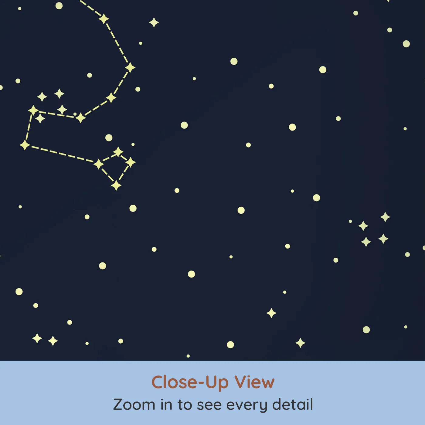 Close-up view of Whimsy Tots' Golden Constellation Sky Wall Mural (Turn Their Room into a Dazzling Star Chart).Gender-Neutral