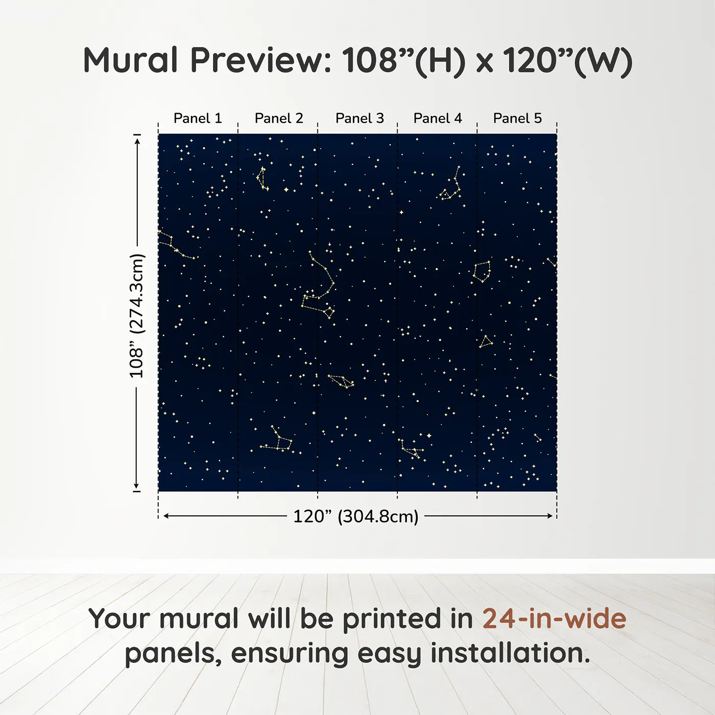 Whimsy Tots Golden Constellation Sky Wall Muraldimension view (108" H x 120" W). Printed in five 24-inch-wide panels. Gender-Neutral