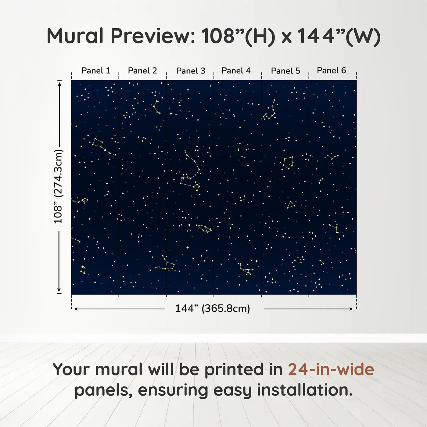 Whimsy Tots Golden Constellation Sky Wall Muraldimension view (108" H x 144" W). Printed in six 24-inch-wide panels. Gender-Neutral