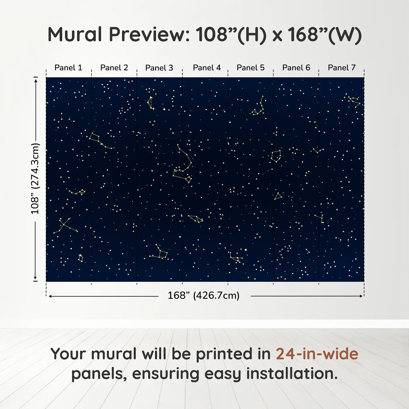 Whimsy Tots Golden Constellation Sky Wall Muraldimension view (108" H x 168" W). Printed in seven 24-inch-wide panels. Gender-Neutral