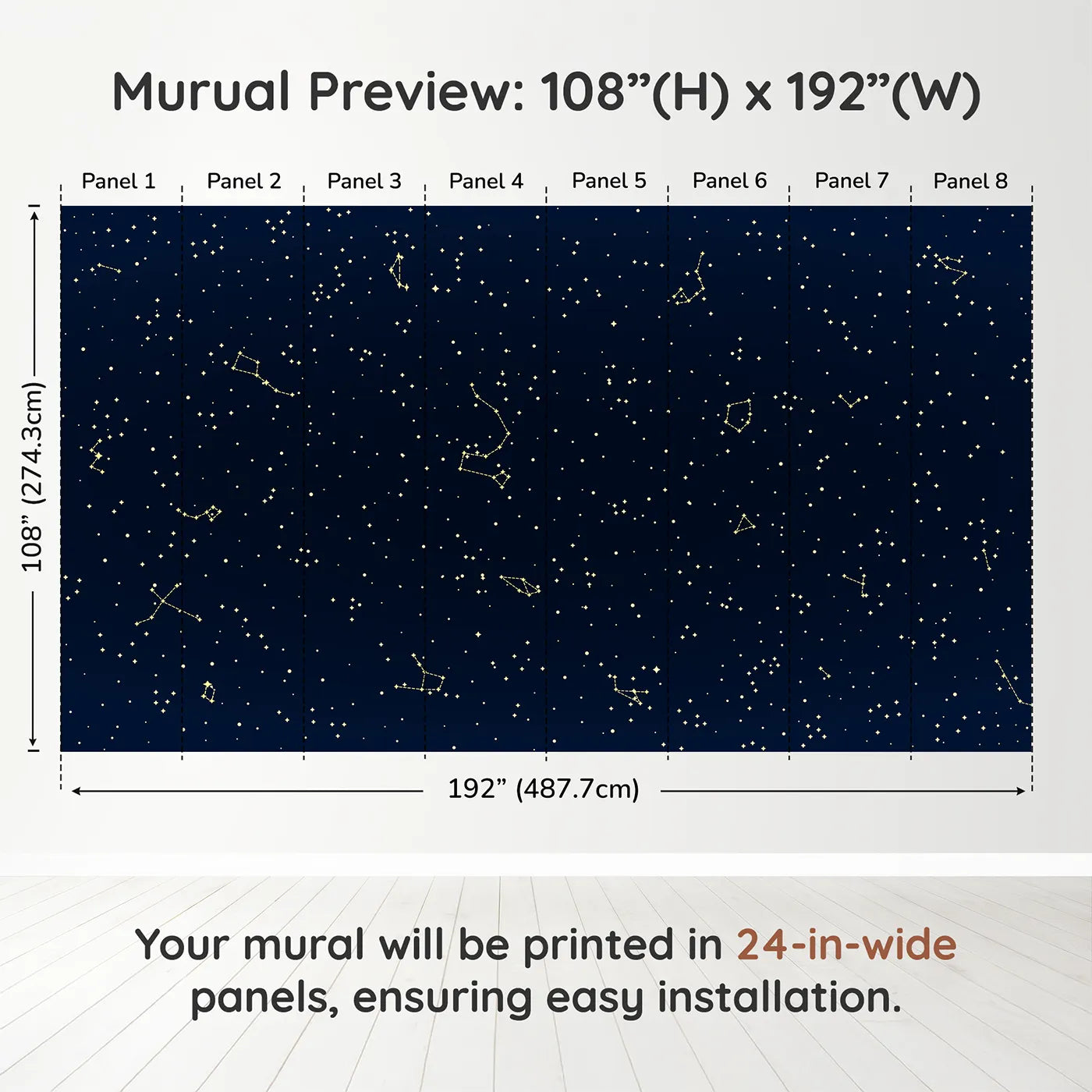 Whimsy Tots Golden Constellation Sky Wall Muraldimension view (108" H x 192" W). Printed in eight 24-inch-wide panels. Gender-Neutral